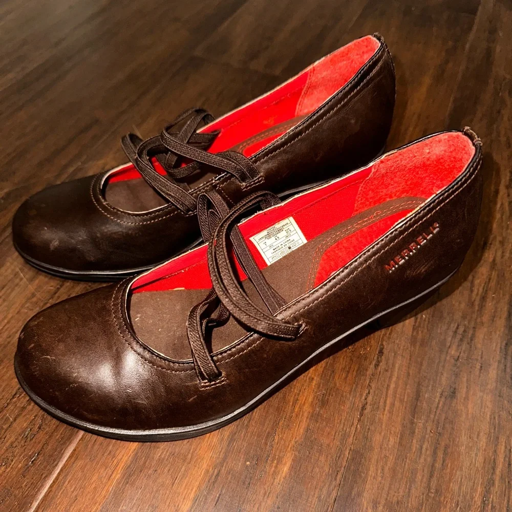 Merrell Evera Cross Mary Jane Brown Leather Comfort Heel Dark Academia Size 7